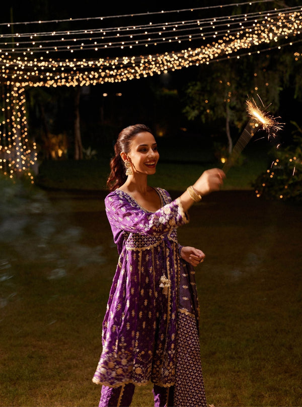 Nyah Banarsi Purple Short Anarkali Kurta Set