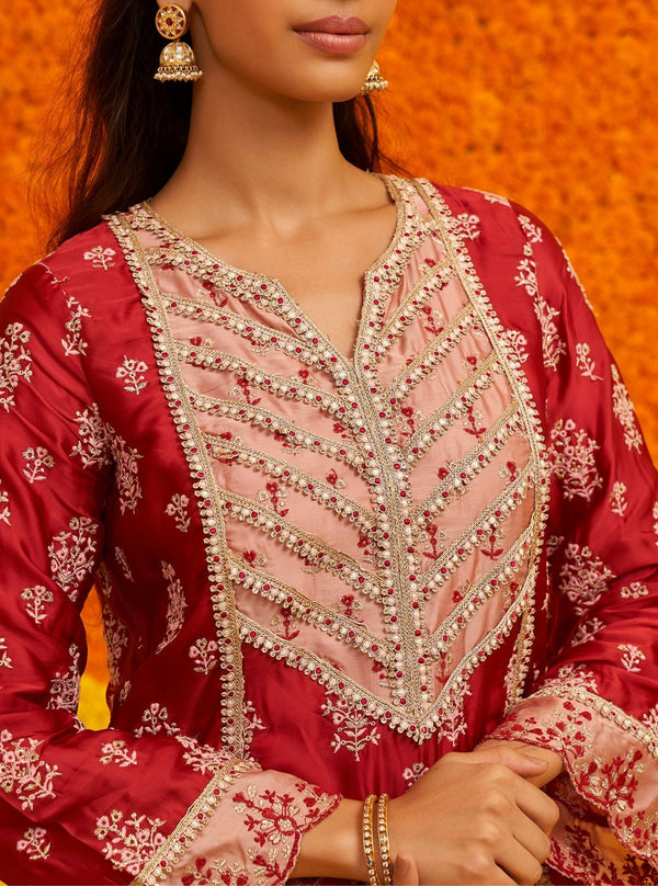 Shubh Organza Satin Red Kurta Set