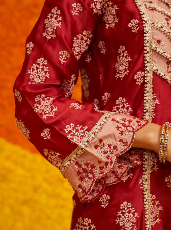 Shubh Organza Satin Red Kurta Set