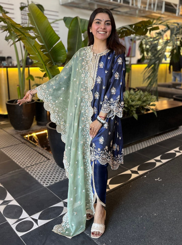 Kangna Tissue Linen Satin Navy Kurta Set