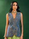 Lunira Denim Waistcoat With Cupro Satin Printed Sage Green Draped Skirt