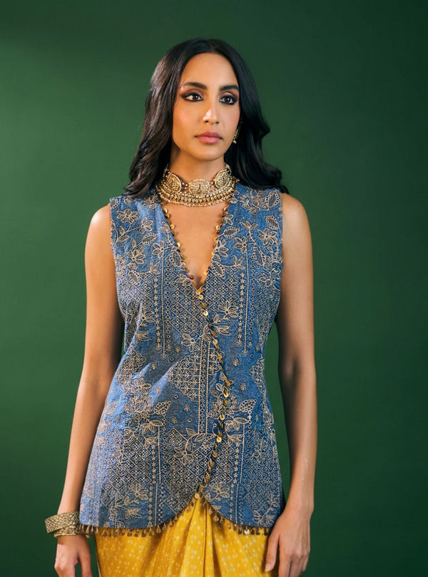 Lunira Denim Waistcoat With Cupro Satin Printed Mustard Draped Skirt