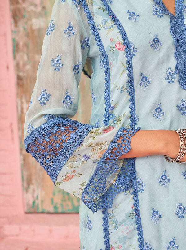 Alwen Organza Printed Blue Kurta Set