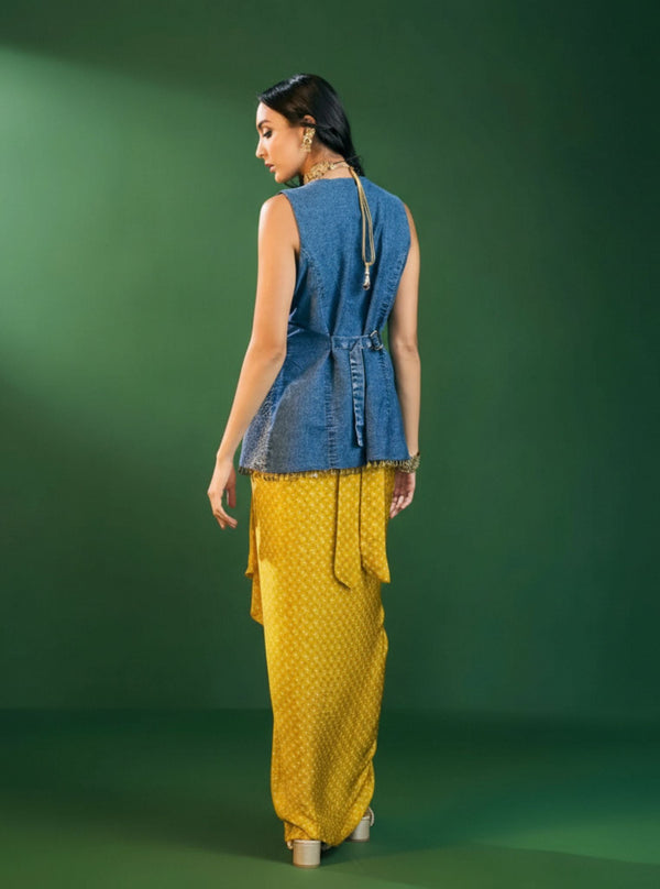 Lunira Denim Waistcoat With Cupro Satin Printed Mustard Draped Skirt