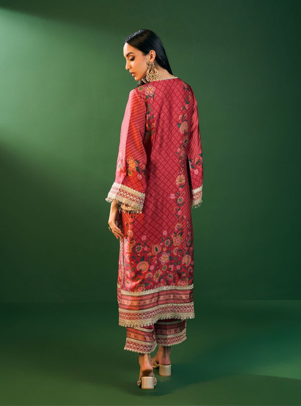 Osha Cupro Satin Red Kurta Set