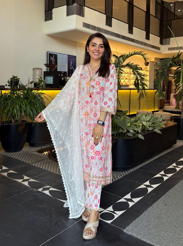 Florie Supima Cotton Printed White Kurta Set