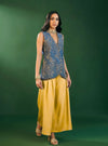 Lunira Denim Waistcoat With Cupro Satin Printed Mustard Pant