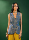 Lunira Denim Waistcoat With Cupro Satin Printed Mustard Pant