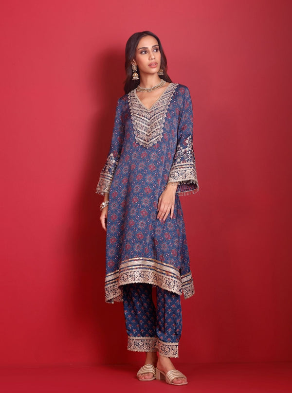 Sunheri Cupro Satin Navy Ajrakh Print Kurta Set