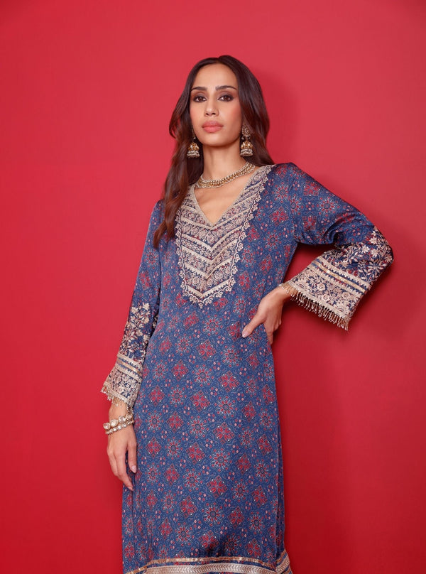 Sunheri Cupro Satin Navy Ajrakh Print Kurta Set