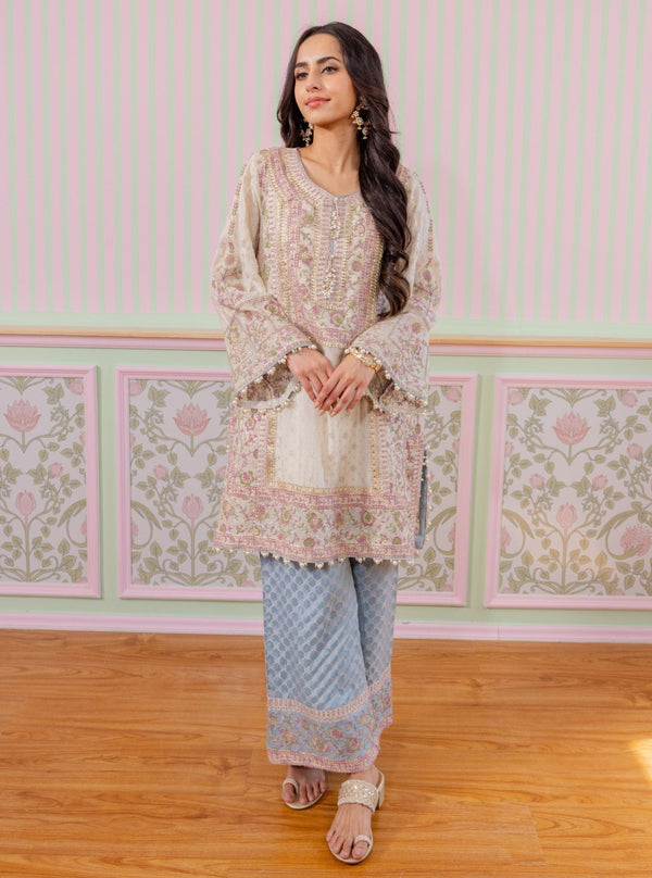 Mangal Banarsi Off White Kurta With Blue Pant
