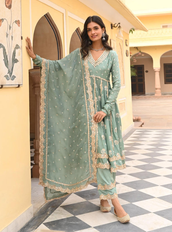 Tareefan Organza Satin Teal Blue Anarkali Kurta Set