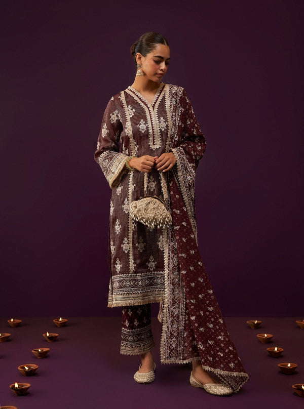 Iyana Banarsi Wine Kurta Set