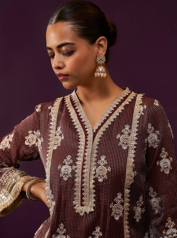 Iyana Banarsi Wine Kurta Set