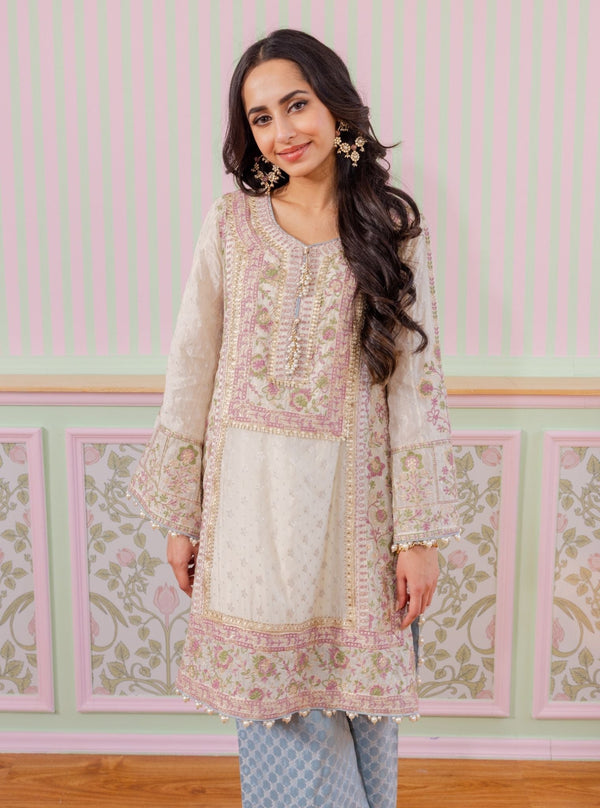 Mangal Banarsi Off White Kurta With Blue Pant