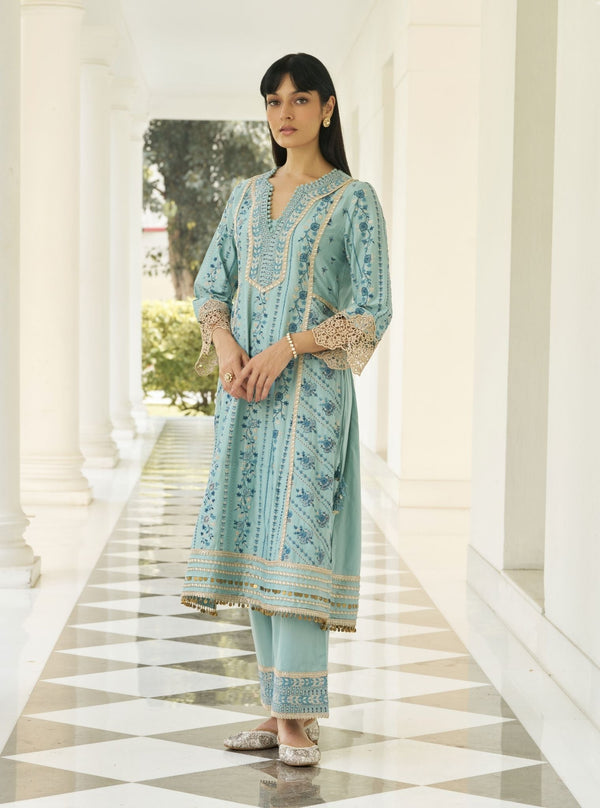 Khayal Pima Satin Blue Kurta Set