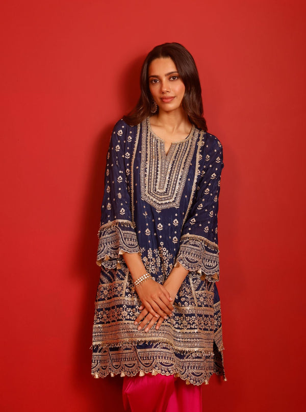 Leher Viscose Glass Organza Luxe Navy Kurta Set