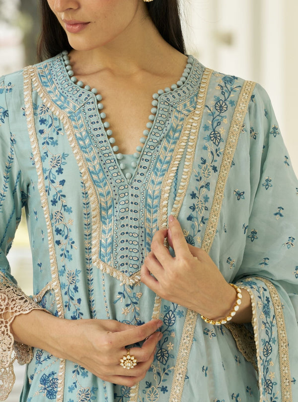 Khayal Pima Satin Blue Kurta Set
