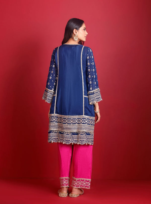 Leher Viscose Glass Organza Luxe Navy Kurta Set