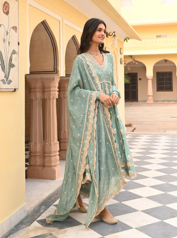 Tareefan Organza Satin Teal Blue Anarkali Kurta Set