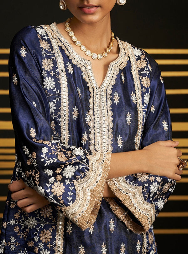 Satranga Tissue Linen Satin Navy Kurta Set
