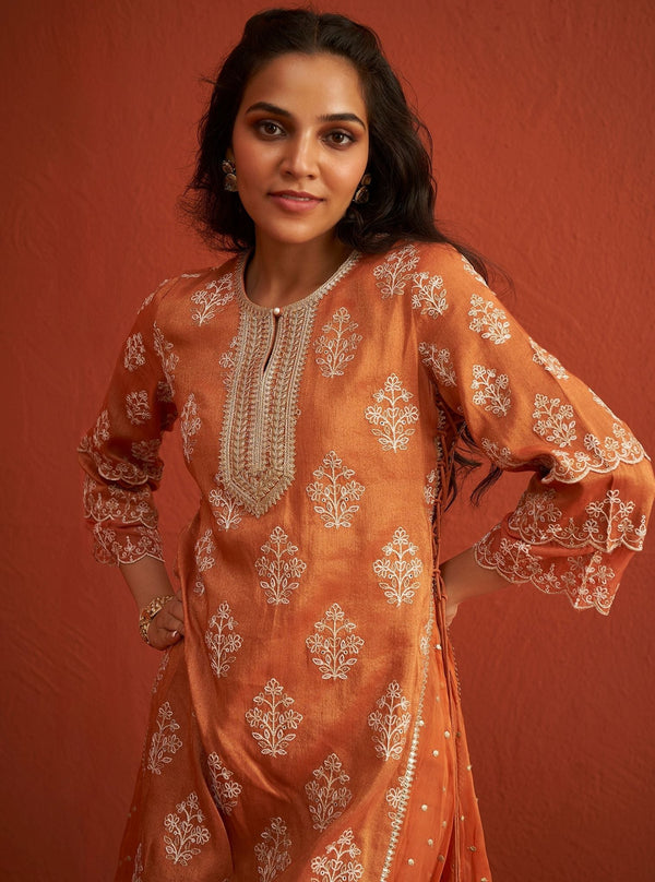 Evelina Tissue Linen Satin Burnt Orange Kurta Set
