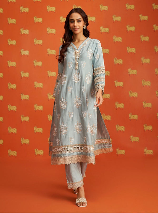Nalin Pima Satin Light Blue Kurta Set