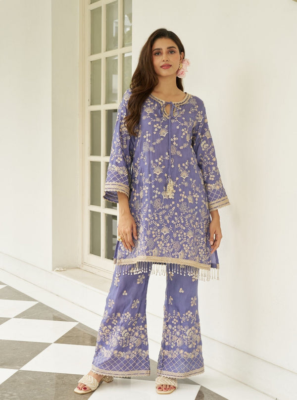 Manwa Linen Satin Violet Kurta Set