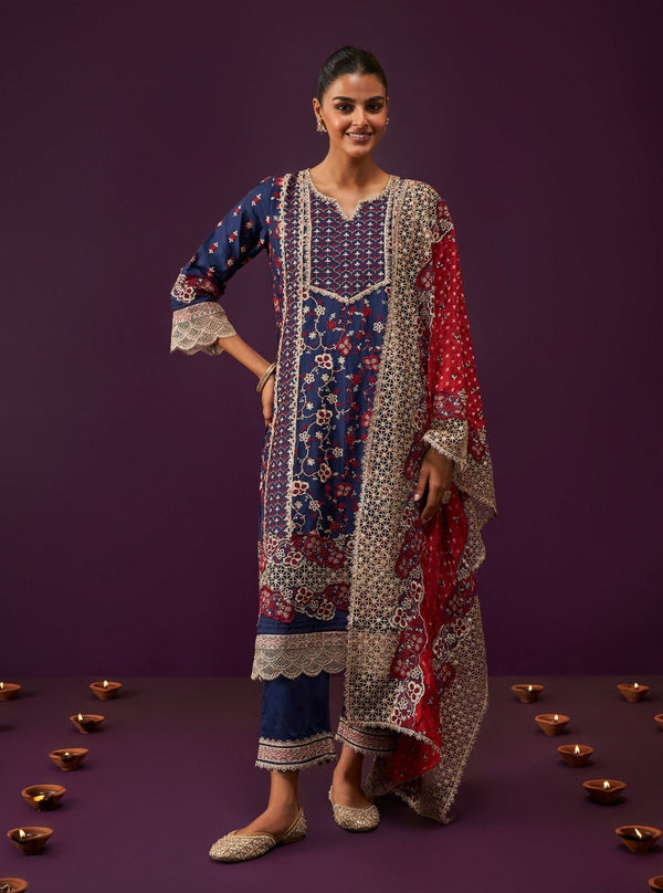 Anchali Pima Satin Navy Kurta Set