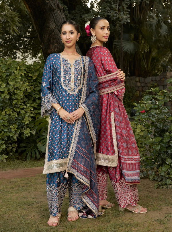 Kissa Cupro Satin Navy Ajrakh Print Kurta Set