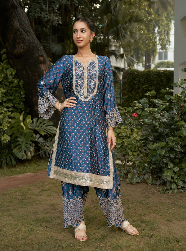 Kissa Cupro Satin Navy Ajrakh Print Kurta Set