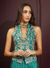 Kuhu Cupro Satin Printed Emerald Green Waistcoat With Wide Pleated Pant