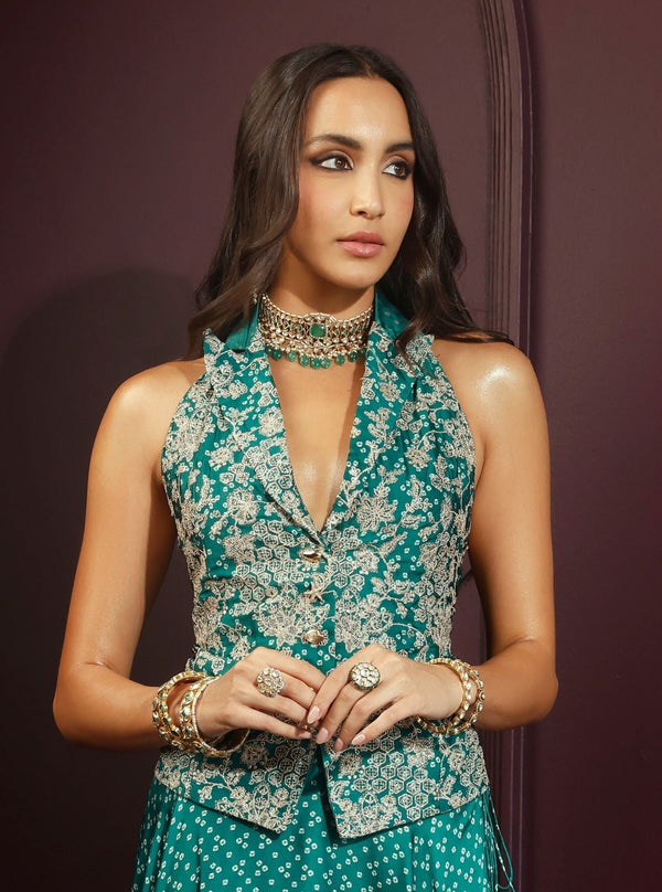 Kuhu Cupro Satin Printed Emerald Green Waistcoat With Wide Pleated Pant