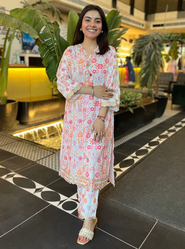 Florie Supima Cotton Printed White Kurta Set