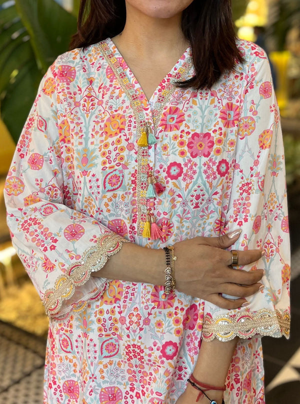 Florie Supima Cotton Printed White Kurta Set