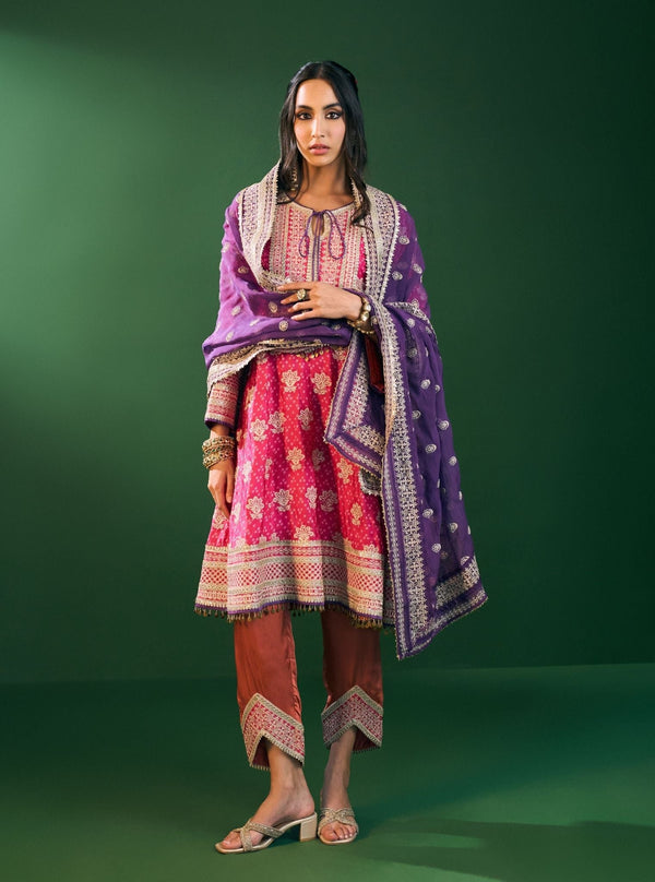 Arvini Cupro Satin Fuschia Anarkali Kurta Set