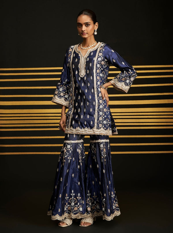 Satranga Tissue Linen Satin Navy Kurta Set