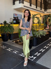 Lunira Denim Waistcoat With Cupro Satin Printed Sage Green Draped Skirt