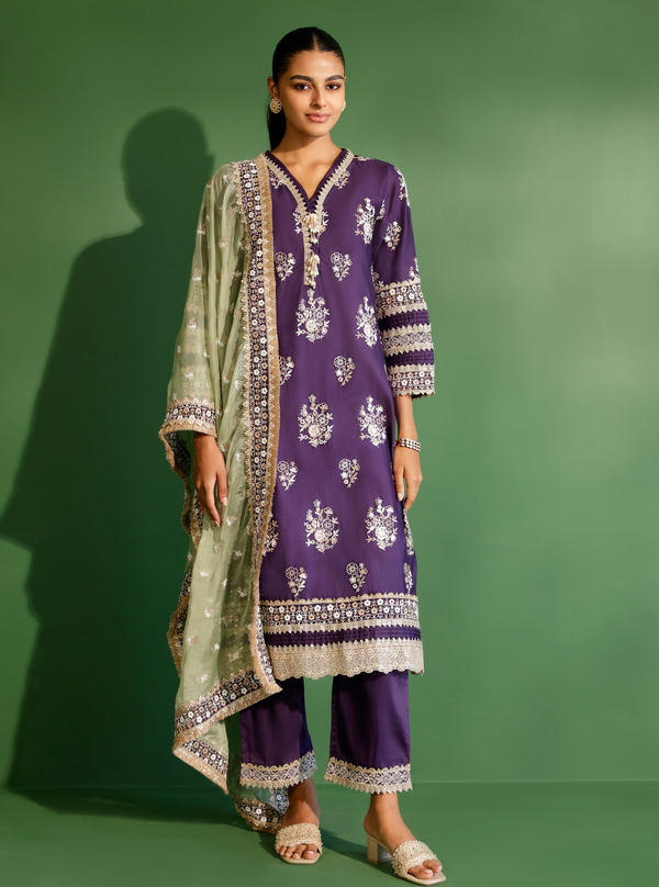 Nalin Pima Satin Purple Kurta Set