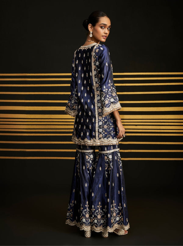 Satranga Tissue Linen Satin Navy Kurta Set