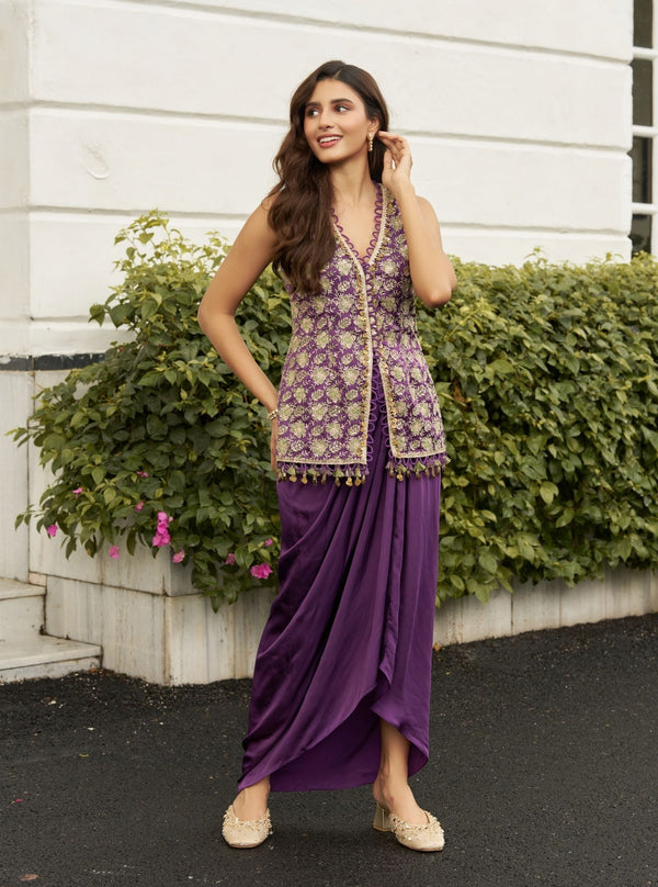 Thumri Linen Satin Purple Jacket Set
