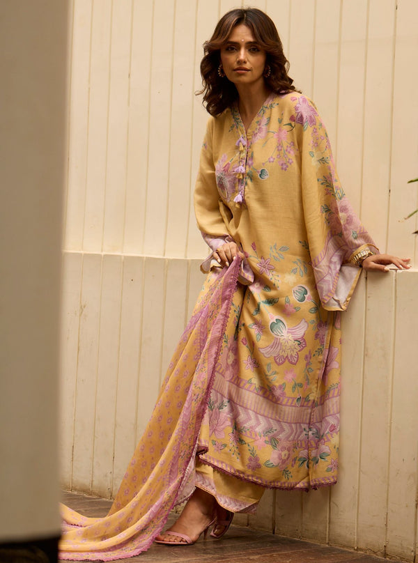 Pia Printed Linen Yellow Kurta Set