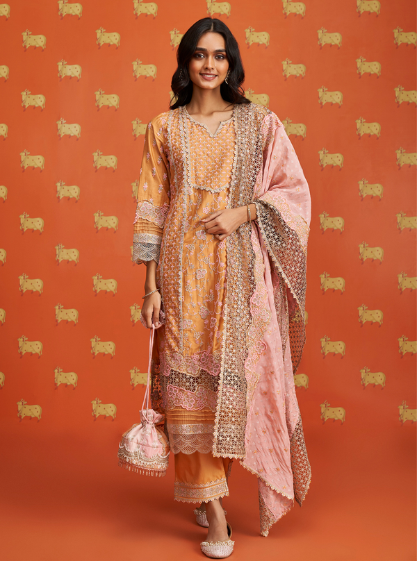 Anchali Pima Satin Orange Kurta Set