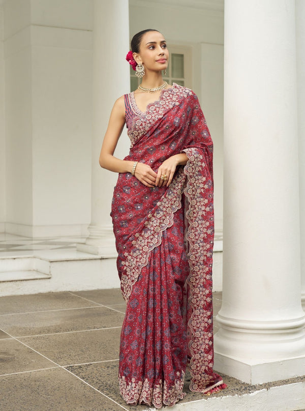 Noorani Viscose Glass Organza Red Ajrakh Print Saree