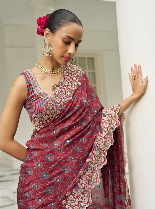 Noorani Viscose Glass Organza Red Ajrakh Print Saree