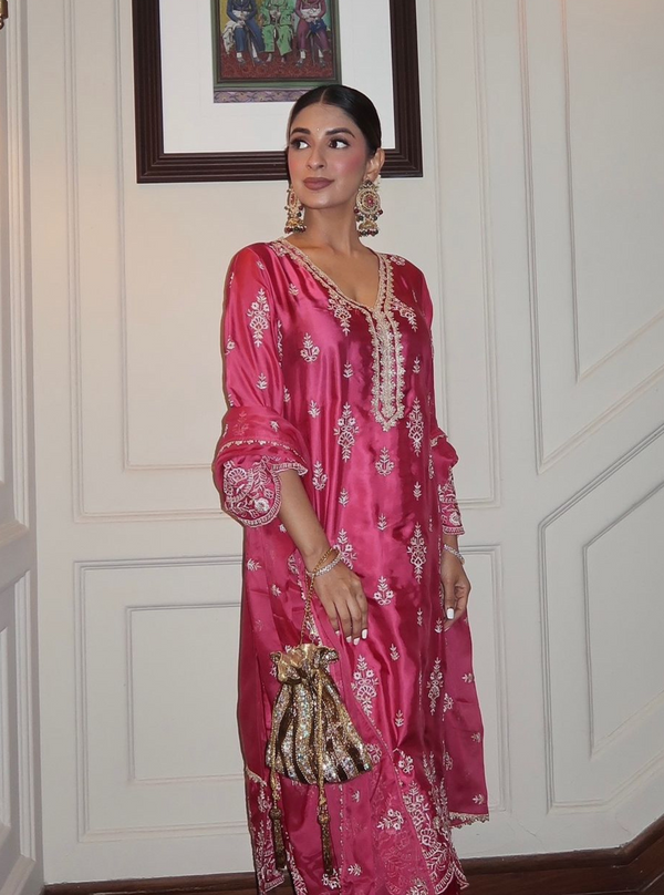 Emon Cupro Satin Fuschia Kurta With Orange Pant