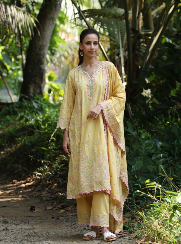 Aavya Supima Cotton Yellow Anarkali Kurta Set