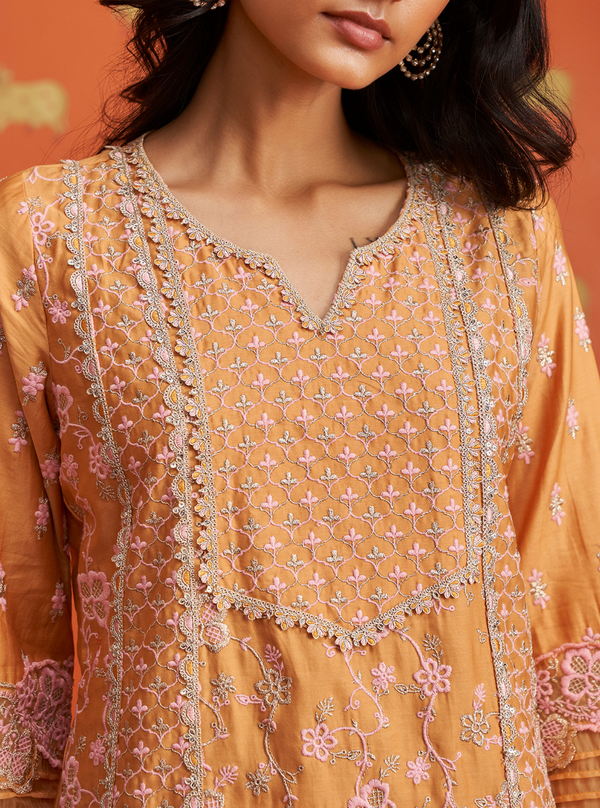 Anchali Pima Satin Orange Kurta Set