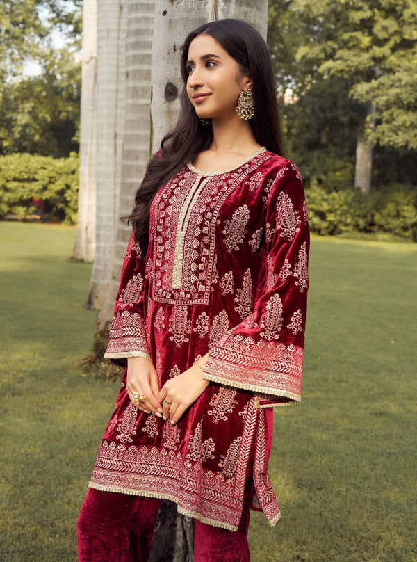 Sargam Velvet Wine Kurta Set