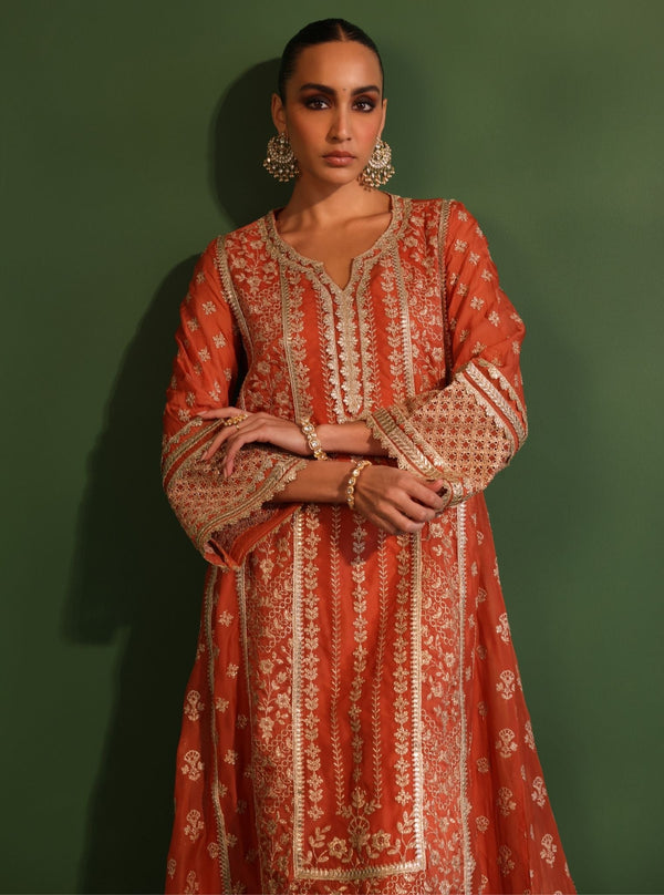 Katha Organza Orange Anarkali Kurta Set